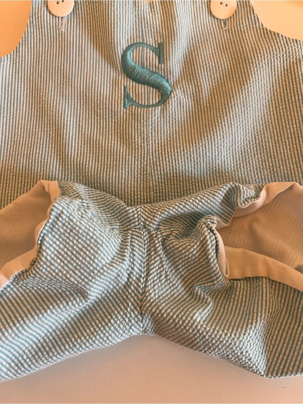 Light Blue Seersucker Romper with Monogram Boy or Girl